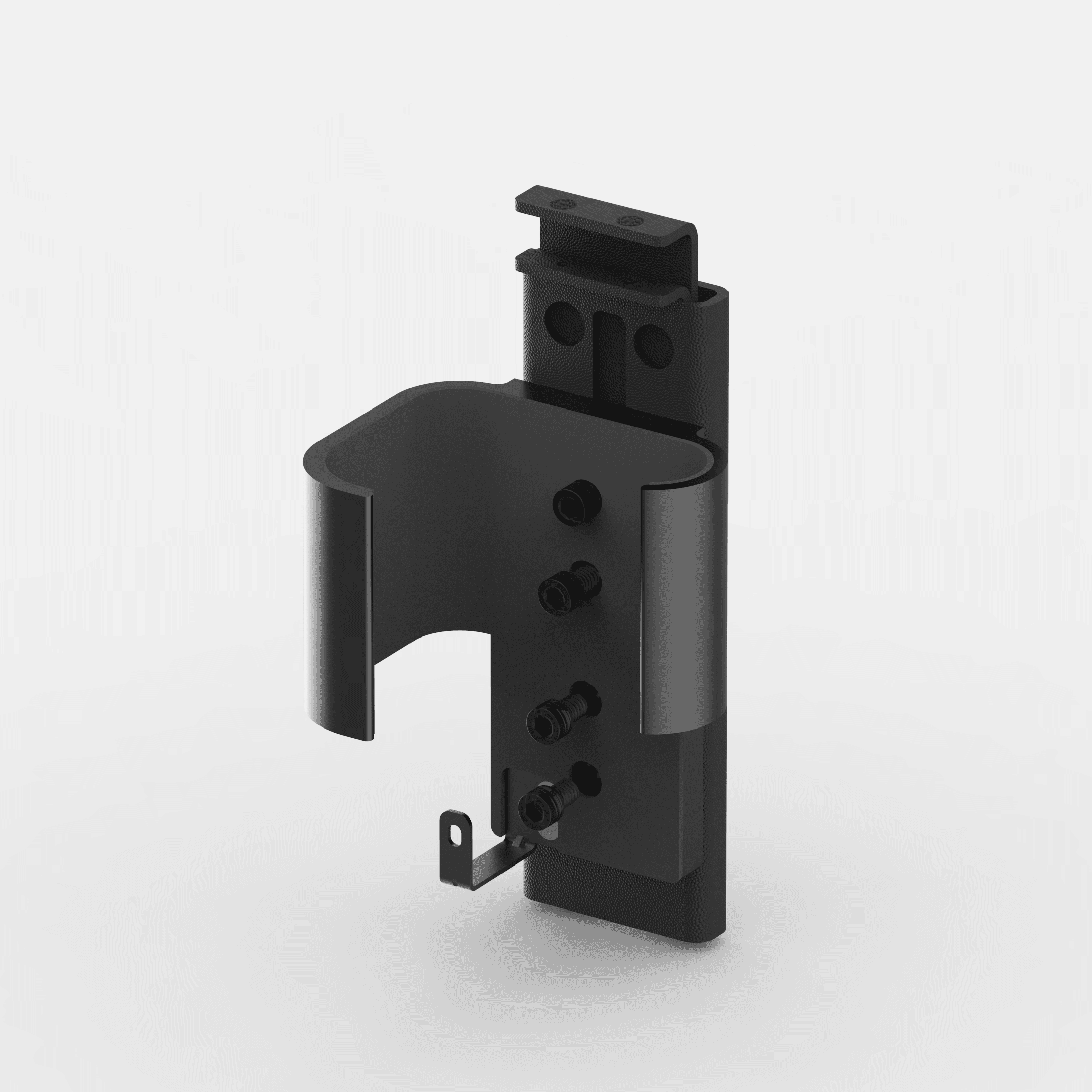 The Car Console Mount assembled: a black steel mount plate, lock plate and bolt plate