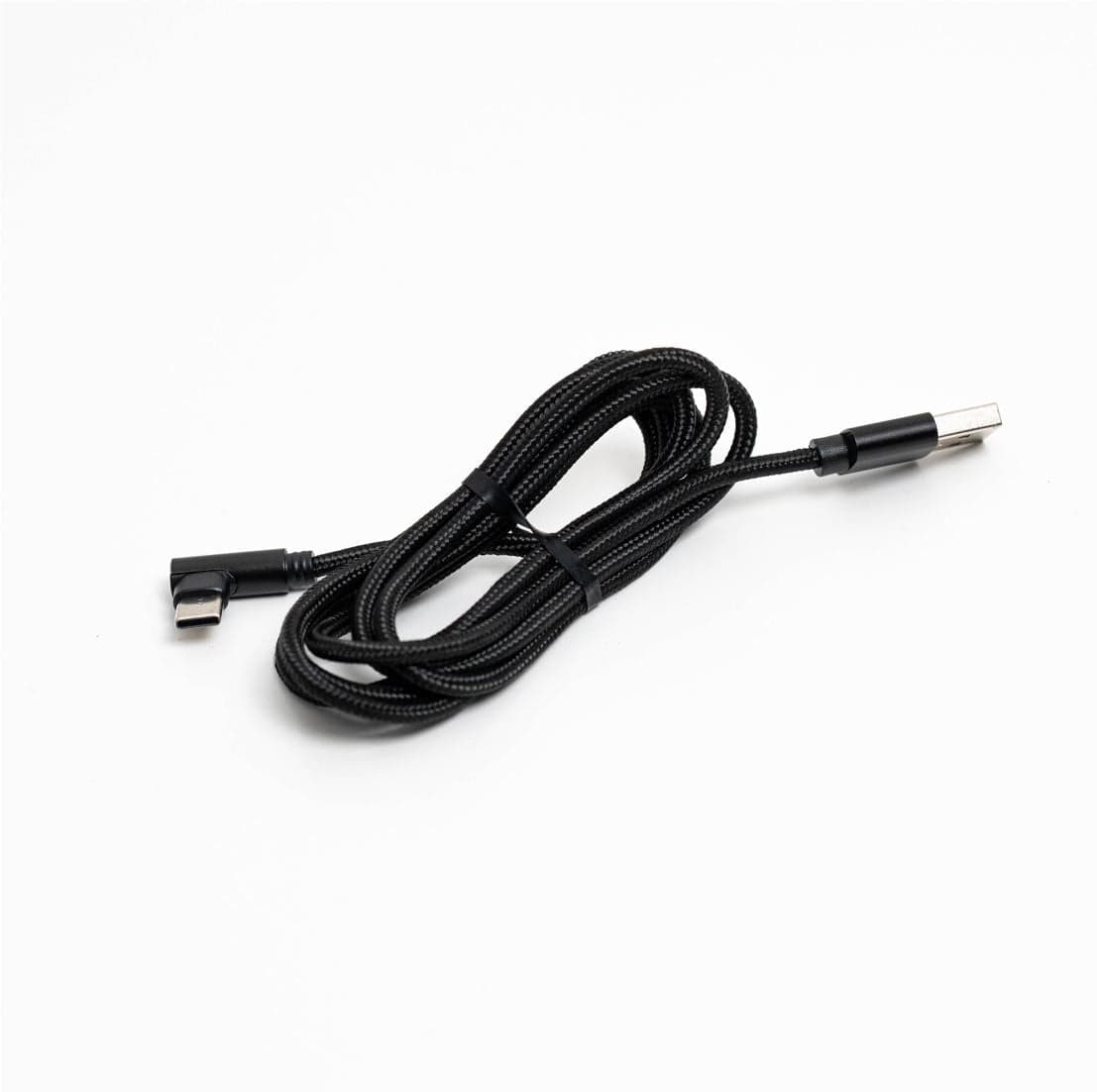 A braided black USB-A to USB-C cable with a right-angle USB-C plug