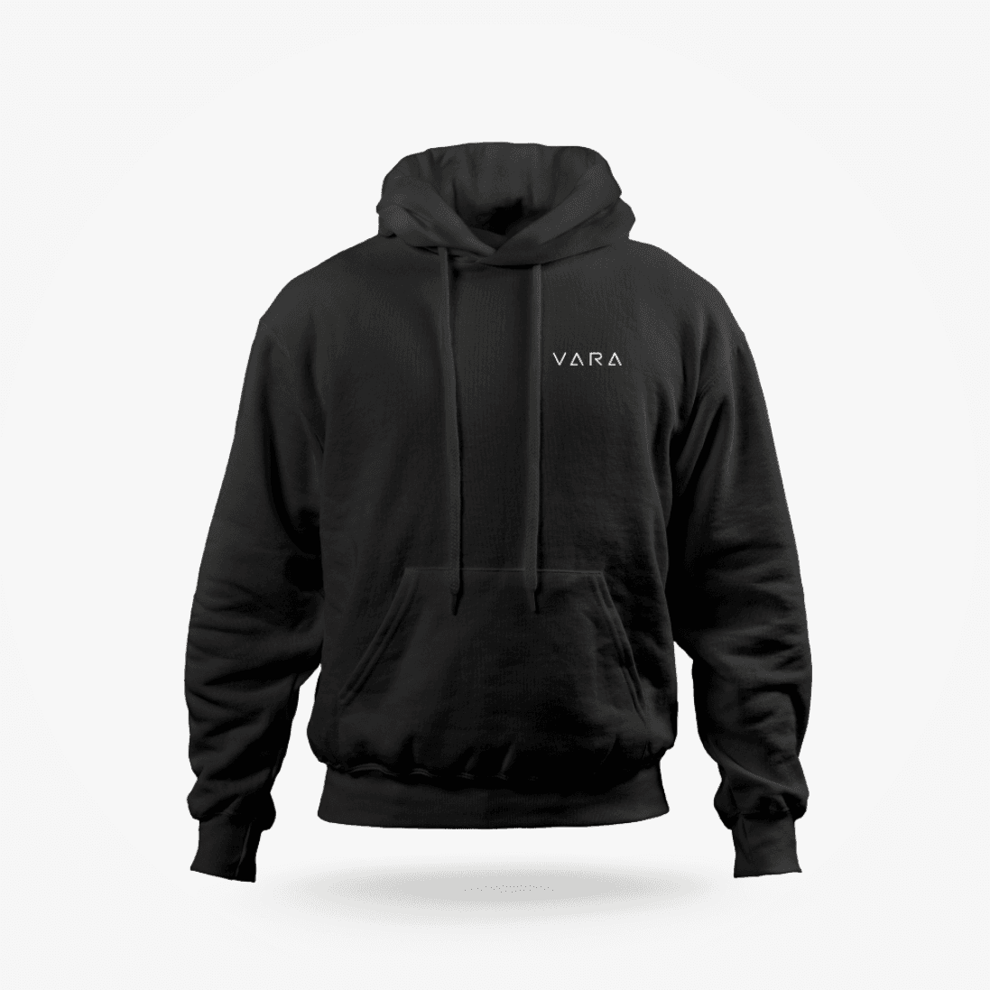 The black Vara hoodie, front view, with the embroidered Vara logo on the chest