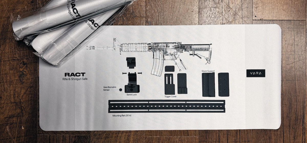 The RACT gun cleaning pad, printed with the parts of the safe around a rifle, next to rolled pads in plastic sleeves