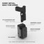 Reach Tactical feature diagram: fingerprint unlock with keypad and key override, auto-latch trigger guard lock, fits Streamlight and Surefire weapon lights, mounts anywhere — steel, brass and ABS construction with 30-day easy returns