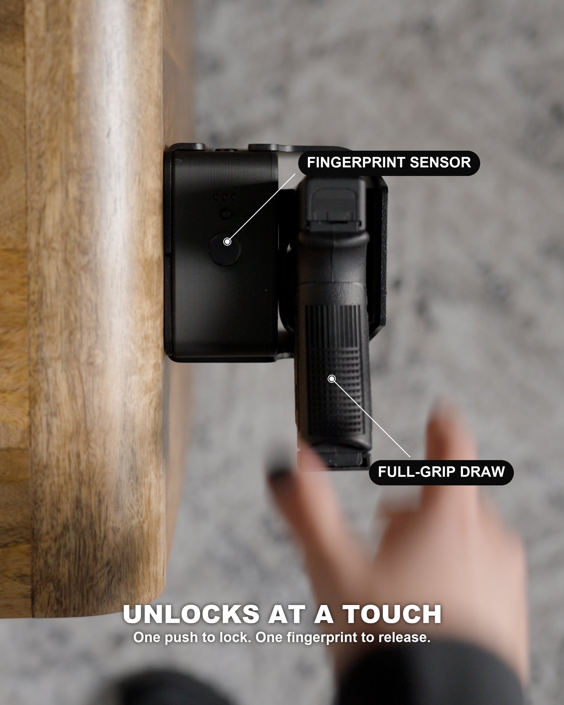 Top-down view of Reach Tactical showing fingerprint sensor and full-grip draw — one push to lock, one fingerprint to release