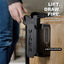 Lift, draw, fire — hand reaching for handgun in Reach Tactical exposed-mount safe on nightstand, with the 4-button keypad called out on the side of the mount