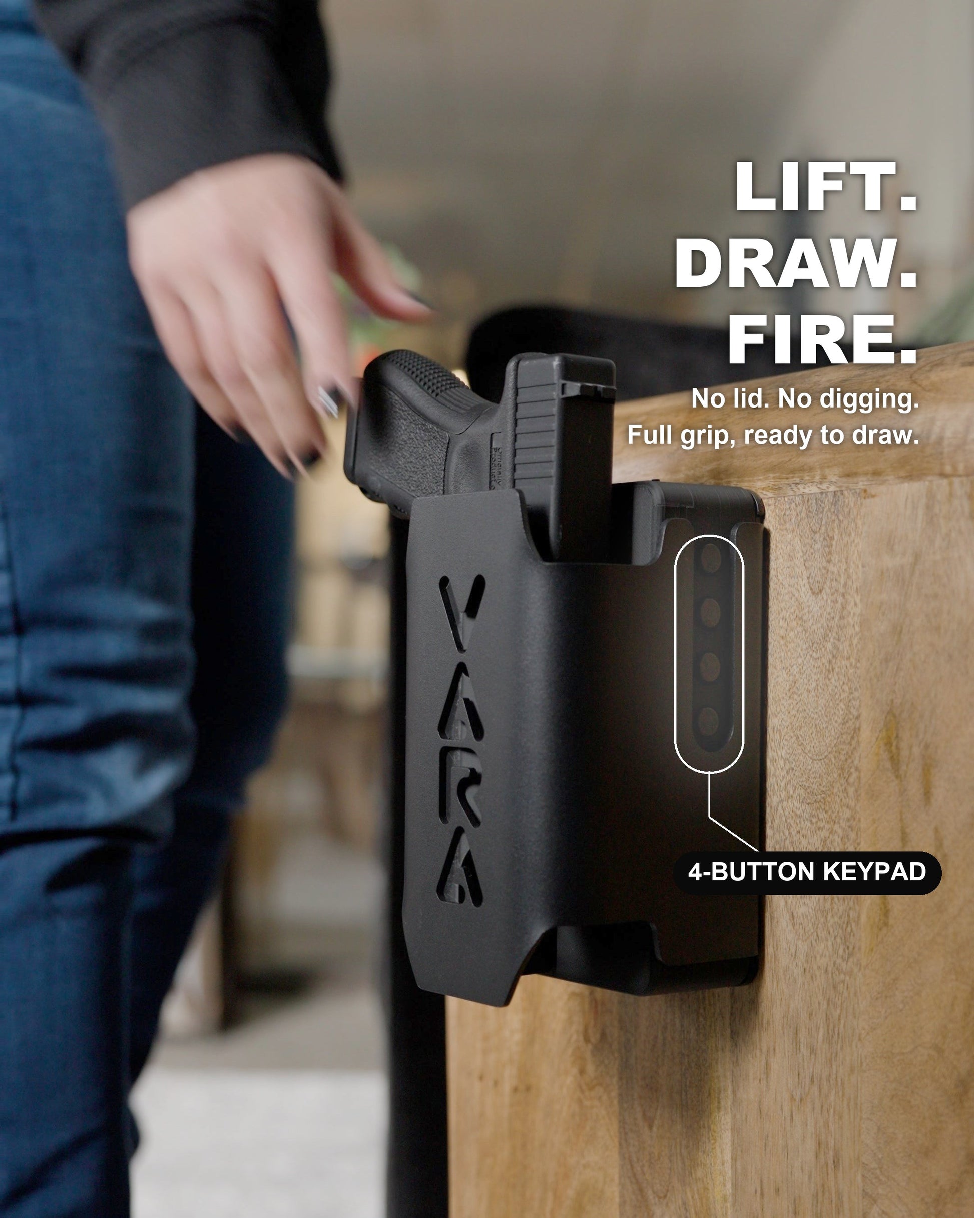 Lift, draw, fire — hand reaching for handgun in Reach Tactical exposed-mount safe on nightstand, with the 4-button keypad called out on the side of the mount