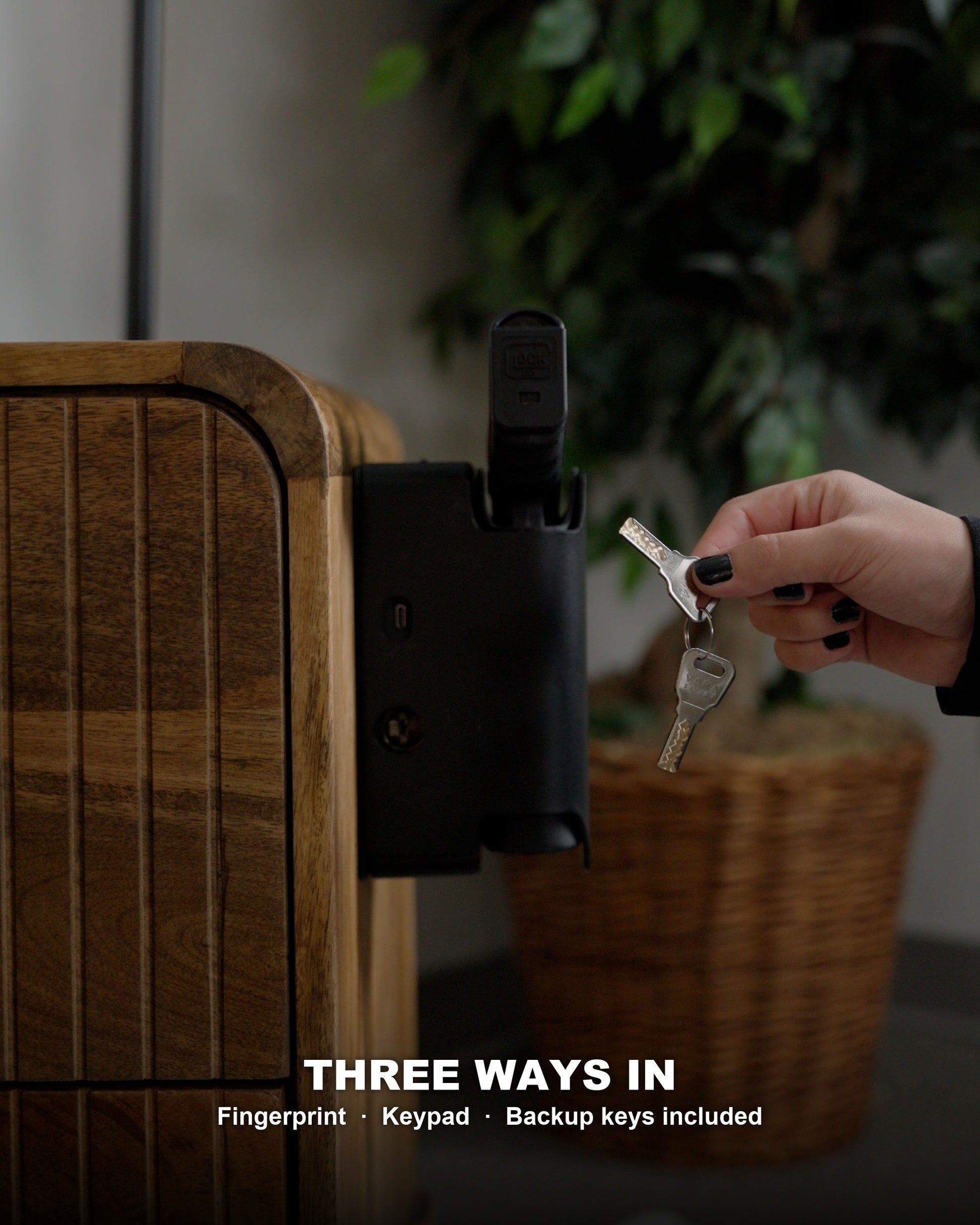 Three ways in: fingerprint, keypad, and backup keys included with the Reach Tactical handgun safe